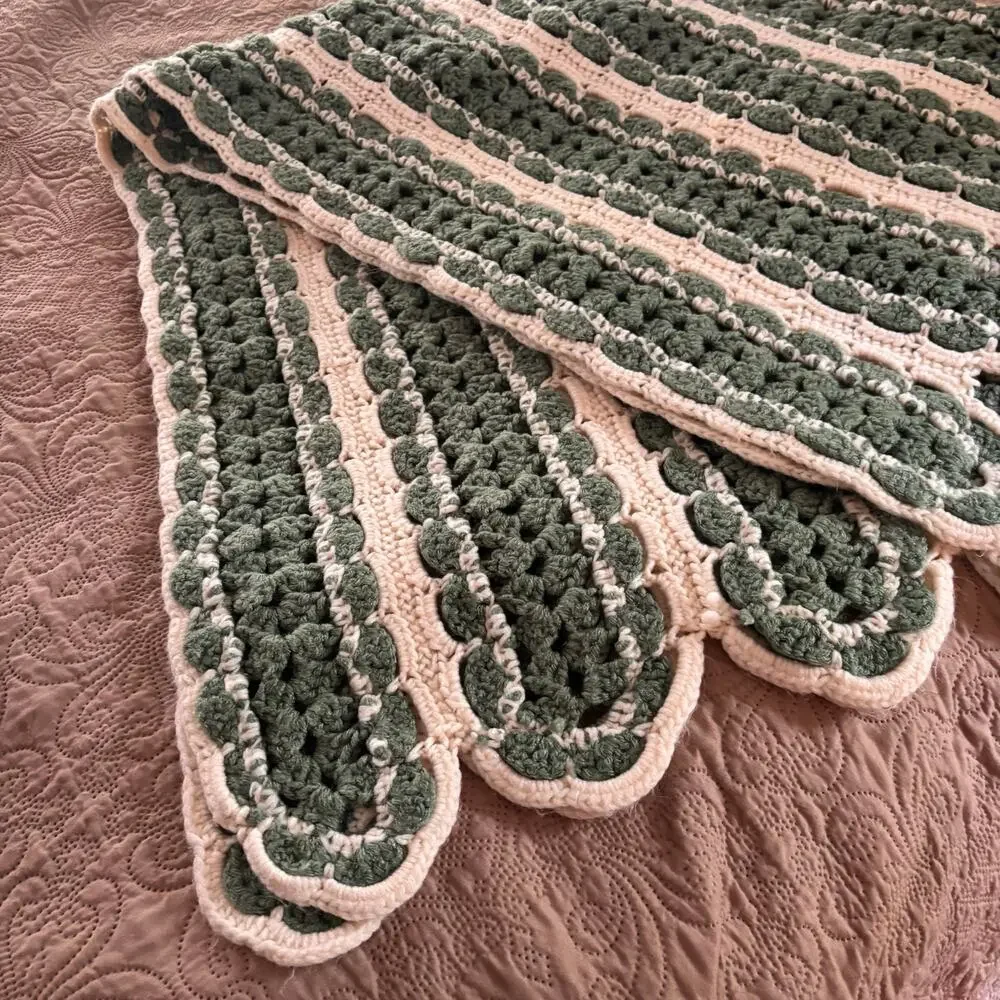 Vtg Hand Crocheted Afghan - Sage Green & Cream Mile-a-Minute 54